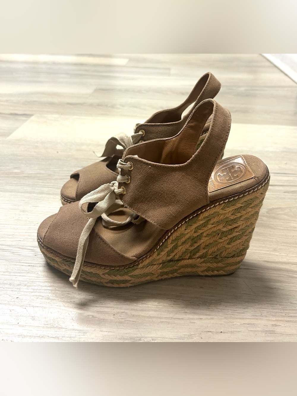Tory Burch Wedge Sandals Womens 9M Linley Espadrille Platform Tan Olive Lace Up - Picture 11 of 14